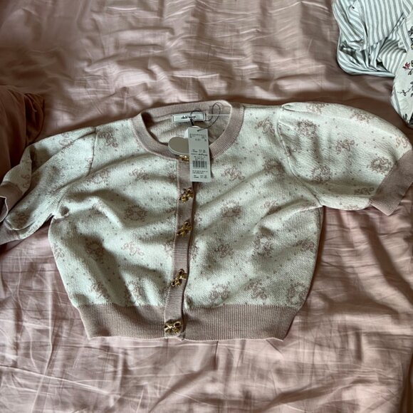 Ank Rouge Pink and White Contrast Monogram Puff Short Sleeved Knit Cardigan - Picture 6 of 6